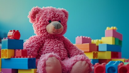 A high-resolution photograph featuring a pink teddy bear with a stack of building blocks, their arrangement symbolizing creativity and learning in a delightful and playful setting