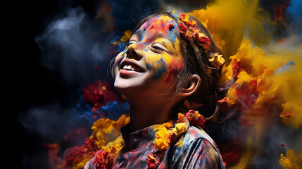 Euphoria of Holi Captured on a Child's Face, Floral Accents & Colors Mixing - Indian Festival of Happiness - Indian Tradition Alive