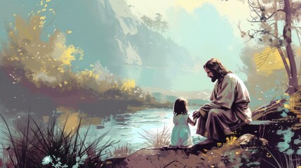 Jesus Christ and a Little Girl by the River Generative AI - obrazy, fototapety, plakaty