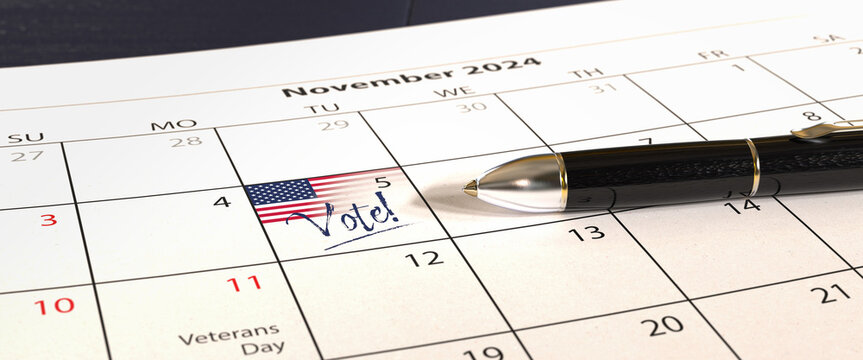 US presidential election will take place on November 5, 2024. A calendar with a US flag and the text "Vote!" at the 5th of November. A pen lying on the calendar sheet. Web banner format