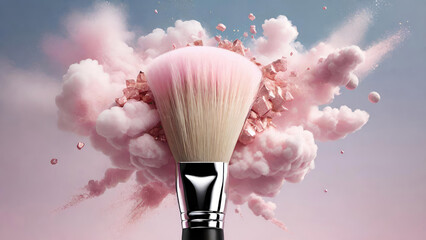 Makeup brush with pink powder explosion on pastel background.Beauty, cosmetics and make up concept banner for advertisement design. Generative AI