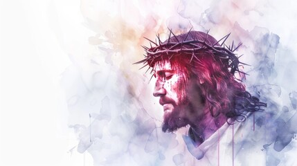 Jesus in Crown of Thorns during Holy Week's Good Friday - Watercolor Illustration Generative AI
