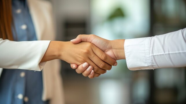 shaking hands and thank you handshake of a corporate worker in a office. Business deal, partnership and we are hiring gesture with a female hr manager ready for onboarding welcome with trust