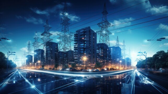 Urban high power poles connected to smart grid, energy supply, power distribution, power transmission, power transmission, high voltage supply, technology, community, city