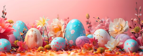 Fototapeta na wymiar Colorful Easterthemed background with eggs flowers and festive decorations for creative use. Concept Easter-Themed Background, Colorful Eggs, Festive Decorations, Creative Use, Floral Arrangements