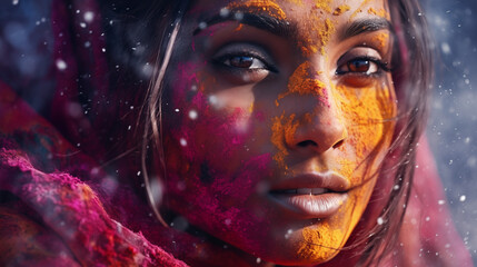 Winter's Touch on Holi: Indian Woman's Face Speckled with Colors & Snow - Vibrant Cultural Fusion - Snowflakes on Colors - Holi Powder