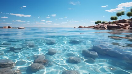 Fototapeta na wymiar A tranquil pool of crystal-clear water reflecting a cloudless sky