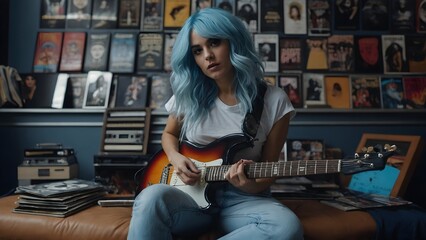 a beautiful woman is playing electric guitar in a room full of posters and a collection of vinyl records, tattooed woman generative AI - obrazy, fototapety, plakaty