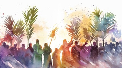 Palm Sunday Biblical Illustration - New Testament Scene with Watercolor and White Outline Vignette Effect Generative AI - obrazy, fototapety, plakaty