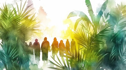 Palm Sunday Biblical Illustration - New Testament Scene with Watercolor and White Outline Vignette Effect Generative AI