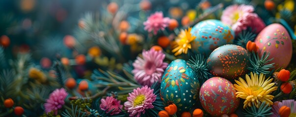 Obraz na płótnie Canvas A Festive Easter Scene with Vibrant Eggs, Flowers, and Colorful Decorations: Perfect for Creative Inspiration. Concept Festive Easter Scene, Vibrant Eggs, Flower Decorations, Colorful Props