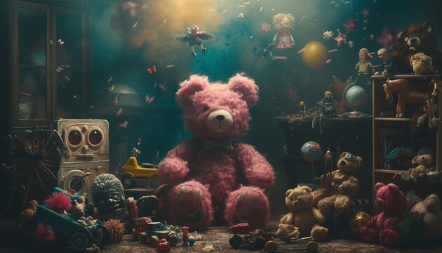 An artfully composed photograph featuring a pink teddy bear surrounded by an assortment of whimsical toys, creating a playful and imaginative scene in a world of childhood wonder