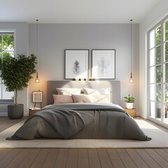 modern minimalist scandinavian bedroom with light natural materials with modern art on the walls
