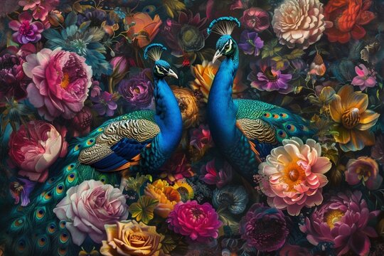 A stunning oil painting of peacocks surrounded by a vibrant bouquet of flowers. The colors are bold, striking, and the peacocks are depicted with intricate details, from their feathers