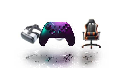 Animated rotation of gaming chair, vr glasses, mouse and game console. Sales of e-commerce and shopping products