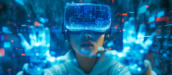 Girl with VR headset gear focused and completely immersed into the action packed virtual world universe 