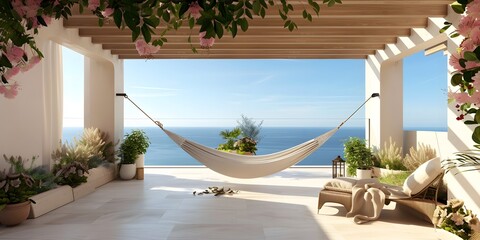 Outdoor roof terrace with hammock and potted plants overlooking the sky and sea
