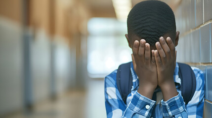 Upset African American teenage boy covering his face with his hands while standing alone in a school hallway with copy space. Learning difficulties, emotions, bullying at school