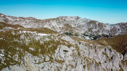 Panoramic view of majestic mountain peak Ringkamp in untamed Hochschwab mountain region, Styria, Austria. Scenic hiking trail on blue sky sunny day in remote Austrian Alps. Wanderlust in alpine spring