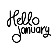 Hello January text banner. Handwriting inscription Hello January in black color square composition. Hand drawn vector art.