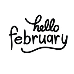 Hello February text banner. Handwriting inscription Hello February in black color square composition. Hand drawn vector art.