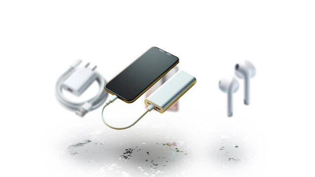 Animated rotation of Charger, phone case, headphones and battery. Sales of e-commerce and shopping products