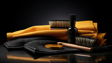 Beautiful elegant cleaning products and tools on a black background. Effective house cleaning - Powered by Adobe