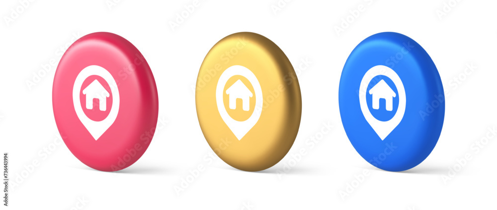 Poster house map pin location button navigation panel web app gps network pointer 3d realistic circle icon