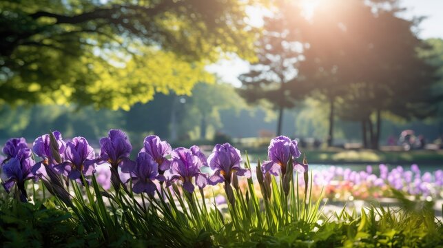 A different angle capturing the panoramic beauty of an iris park in the morning, creating a serene header image with a natural blurred background