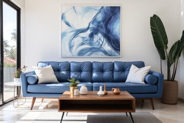 A living room with blue couch with artist painting on wall poster with flowers pot interior concept Generative AI