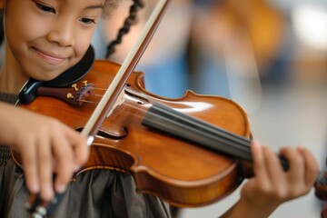 A young asian girl wearing a smile on her face plays a classical piece on her violin, captivating...
