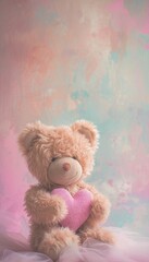 teddy bear holding a heart, set against a backdrop of soft pastels, evoking comfort and love in a visually charming and delightful scene