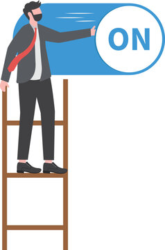 Turn on switch, paradigm shift or change to be better status, start or begin business, setting or preference concept, smart businessman push setting button switch to on position.

