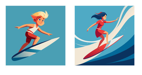 Little Girl and boy surfing. Set flat vector illustration 