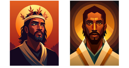 Dark skinned Jesus Christ. Set flat vector illustration 
