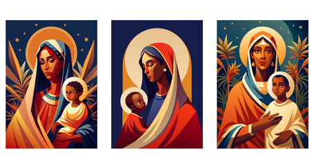 Dark skinned Virgin Mary with baby Jesus. Set flat vector illustration  © Anada77