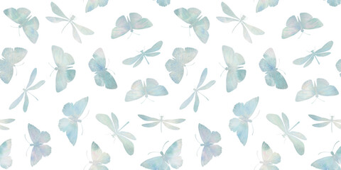 Seamless pattern of butterflies and dragonflies, endless watercolor pattern, hand drawn. Fabric design, kitchen textiles, packaging, wrapping paper.