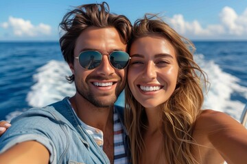 Fototapeta premium A couple's joyous vacation captures the essence of summer as they share a moment of friendship and love, surrounded by the stunning ocean and sky, donning cool sunglasses and goggles for a picture-pe