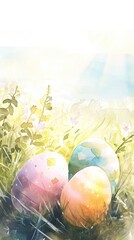 Pastel Watercolor Easter Eggs Nestled in Spring Grass at Sunrise. - obrazy, fototapety, plakaty