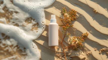 blank white bottle cosmetic skincare makeup containers for product presentation on white sand beach