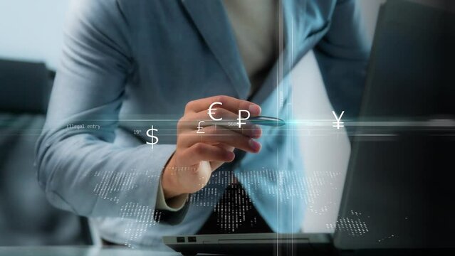 Cg footage Graphs and diagrams with digital indicators are moving against the background of a person working with a laptop. Concept of financial analysis and arbitrage of cryptocurrencies