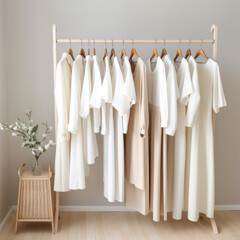 Stylish Wardrobe: A Fashionable Collection of White Clothes on Wooden Racks in a Modern Boutique