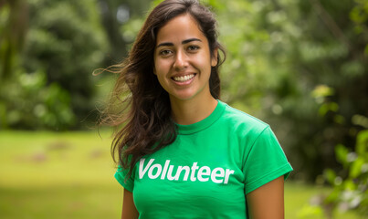 Naklejka premium Portrait of a friendly young woman wearing a green volunteer tshirt stood outdoors in a park