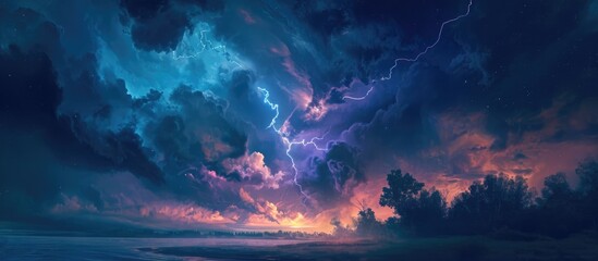 Lightning splits the sky and strikes the ground. - obrazy, fototapety, plakaty