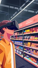 Young Man Using VR Headset and Smartphone for Virtual Shopping Experience.