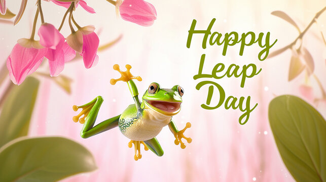 Happy green frog jumping on a pastel spring background with the text "Happy Leap Day". February 29th leap year day concept
