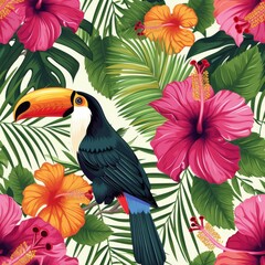 Tropical Toucan and Hibiscus Flower Seamless Pattern Illustration.
