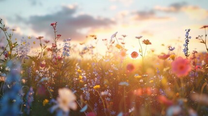 Beautiful sunset over wild flowers in a countryside