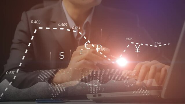 Cg footage about the digitalization of financial activities. Graphs and charts on the background of a businessman with a light point