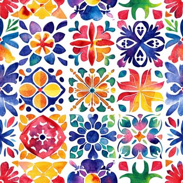 Colorful Watercolor Patterns Mimicking Traditional Ceramic Tiles.